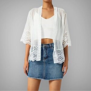 New Boho Solid Lace Open Front Crop Short Cover Up Black Semi Sheer Kimono NWT